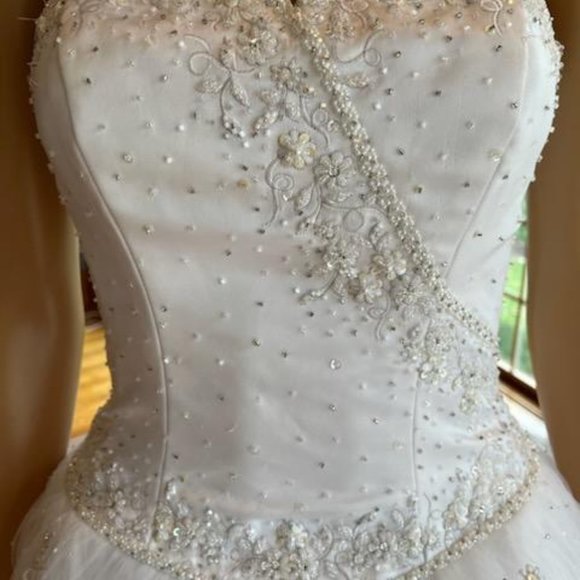 *MoriLee White Beads Strapless Satin Tulle Full Wedding Dress Bridal Gown Size 4 - Picture 5 of 16